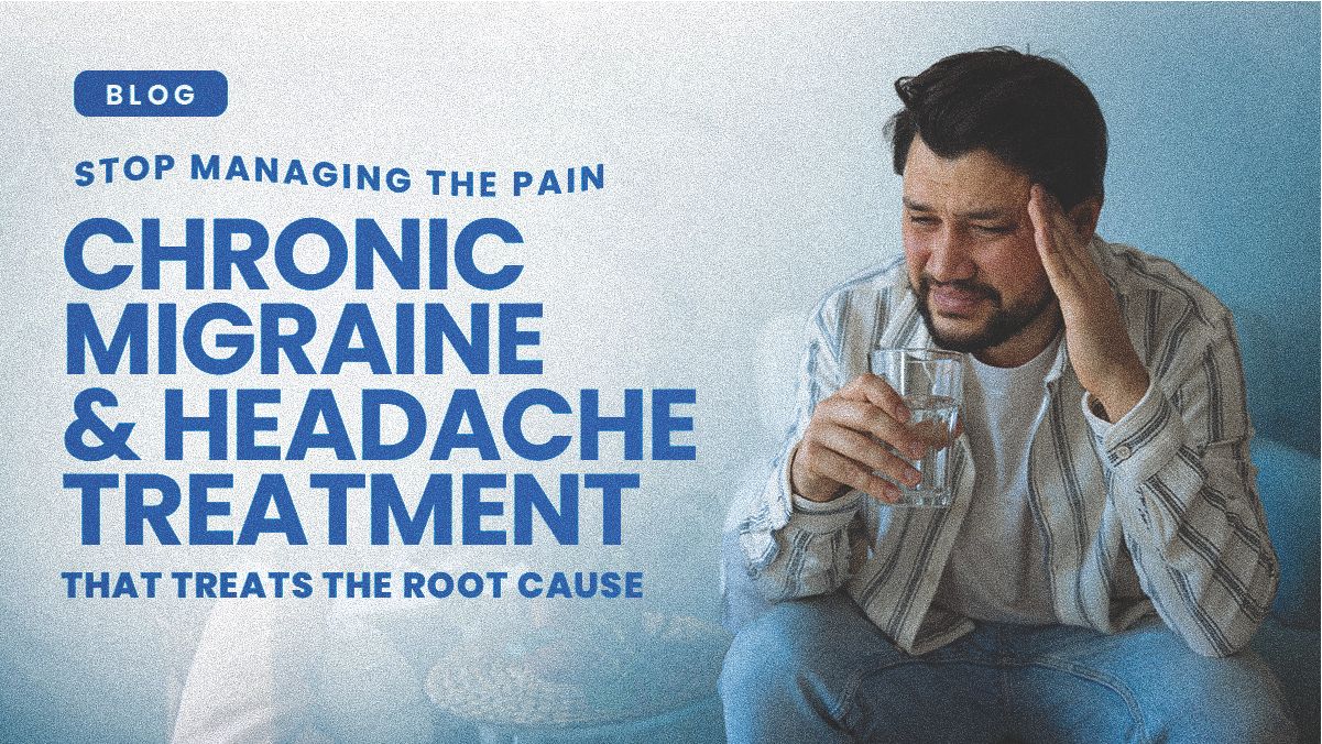 Stop Managing the Pain: Chronic Migraine and Headache Treatment That Treats the Root Cause – MAPS A man holds a glass of water while pressing his hand to his temple in pain, illustrating a MAPS blog post about chronic migraine and headache treatment that addresses the root cause rather than just managing symptoms.