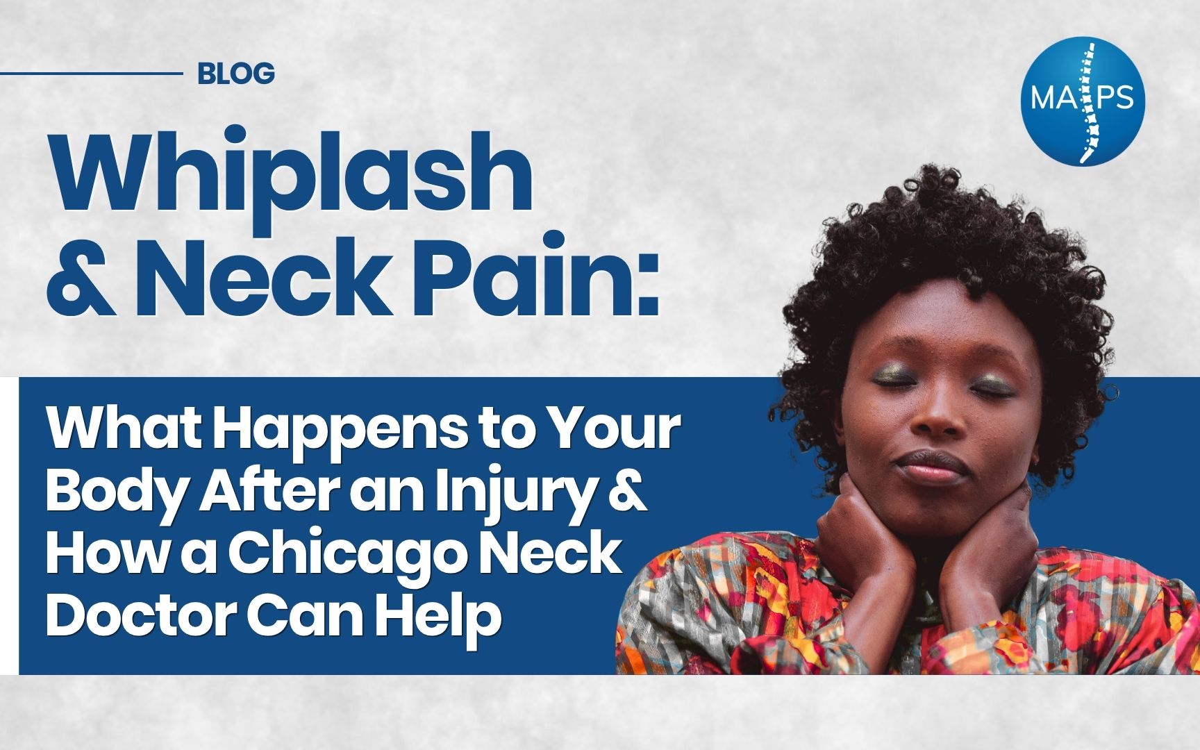Woman gently holding her neck in pain, illustrating whiplash and neck injury symptoms treated by a Chicago neck pain specialist