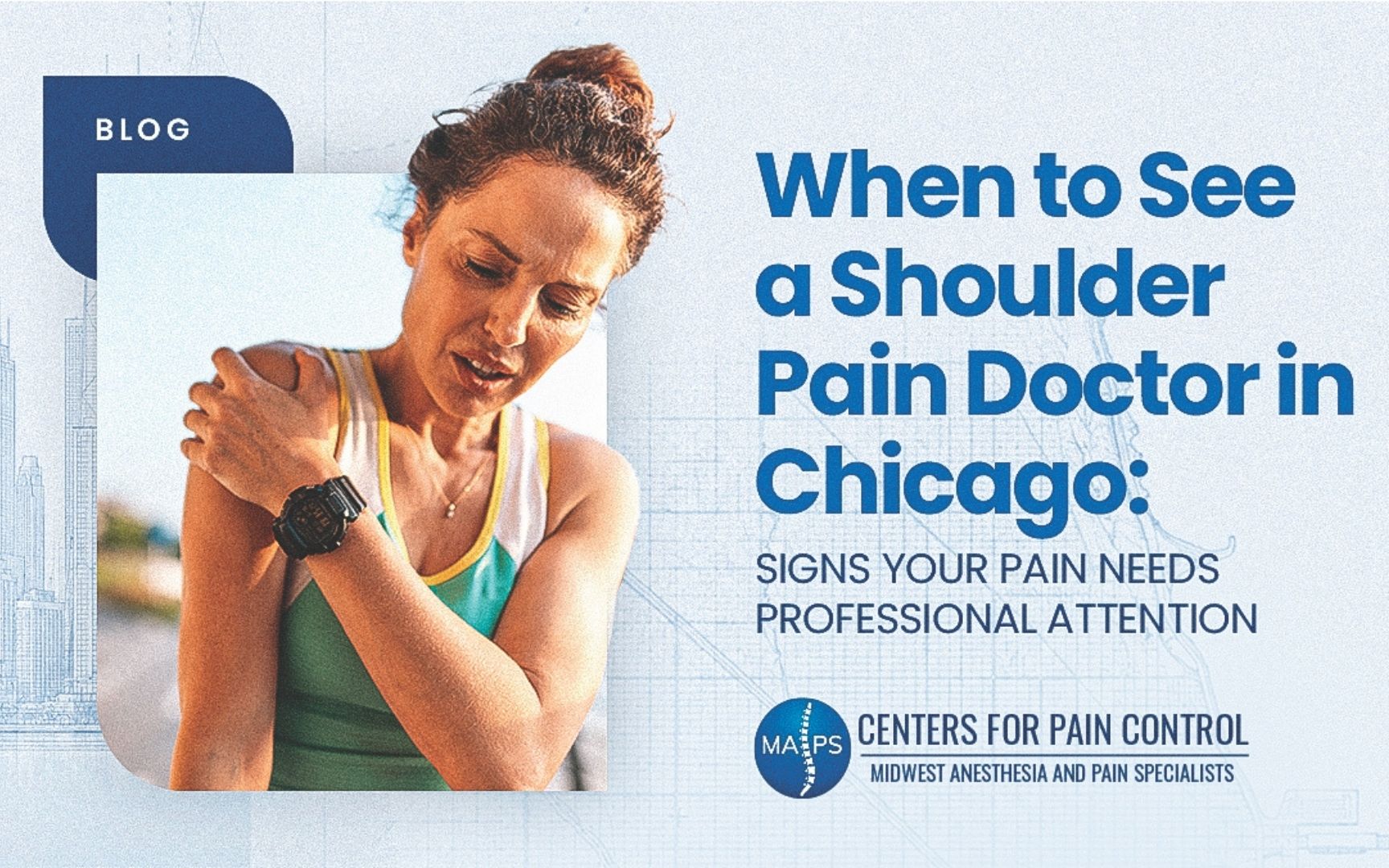 When to See a Shoulder Pain Doctor in Chicago: Signs Your Pain Needs Professional Attention – MAPS A female runner grimaces and grabs her painful shoulder outdoors, illustrating a MAPS Centers for Pain Control blog post about when to see a shoulder pain doctor in Chicago.