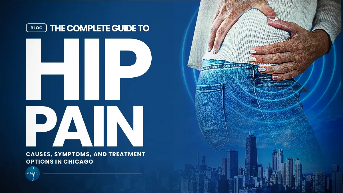 Complete Guide to Hip Pain Causes, Symptoms and Treatment in Chicago Woman pressing her hands on her hip with pain rings over the Chicago skyline
