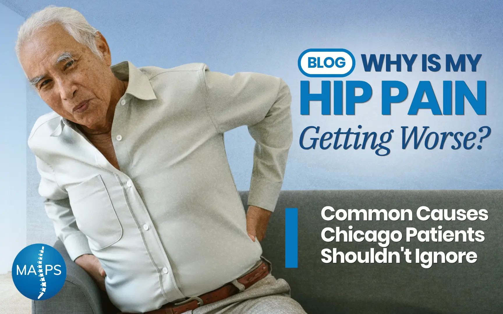 Older man wincing and holding his hip as he gets up from a couch