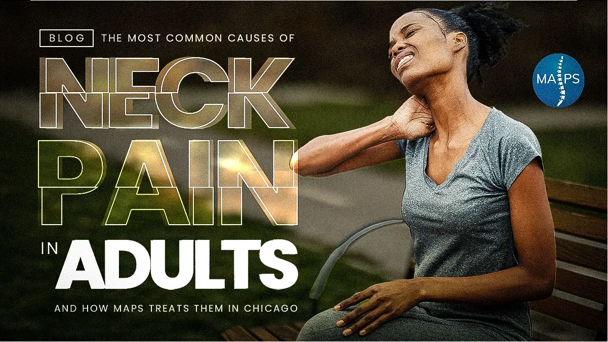 Woman sitting on a park bench, wincing and rubbing the back of her neck in pain