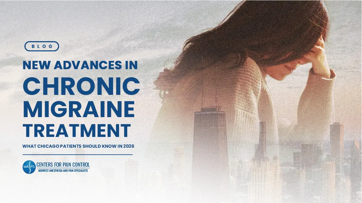 New Advances in Chronic Migraine Treatment in Chicago 2026 Woman resting her head in her hand with a migraine, overlaid on the Chicago skyline