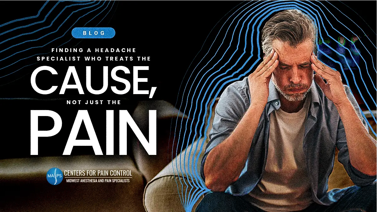 Finding a Headache Specialist Who Treats the Cause, Not Just the Pain Man sitting with his eyes closed, pressing his fingers to his temples during a headache