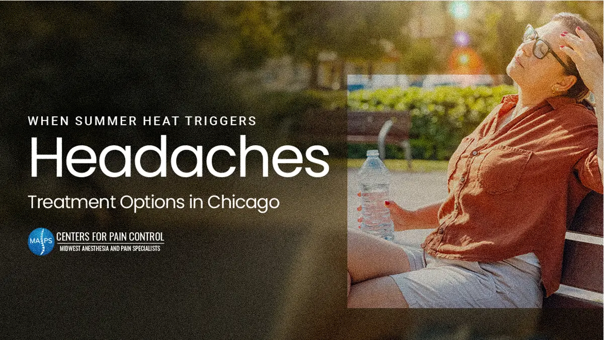 When Summer Heat Triggers Headaches – Treatment Options in Chicago Woman sitting on a bench in the sun holding a water bottle and touching her head from a heat headache