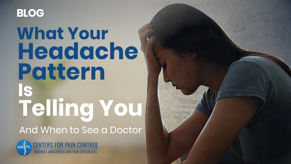 Woman sitting with her head in her hand, eyes closed from a recurring headache